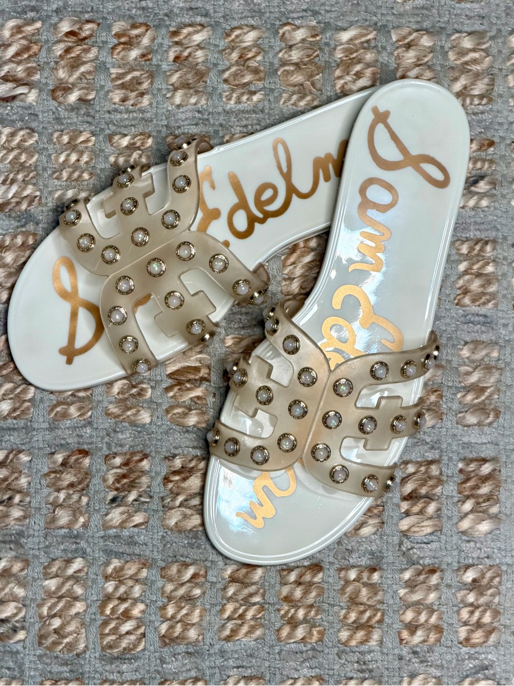 Sam Edelman Ivory/Jewel-Stud Slide Sandals